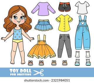 Cartoon brunette girl  and clothes separately -  skirt, long sleeve, shirt, sandals, jeans and sneakers doll for dressing