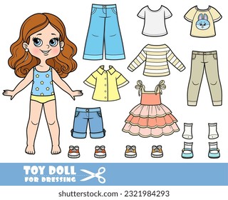 Cartoon brunette girl  and clothes separately -  sundress, long sleeve, shirt, shorts, sandals, jeans and sneakers doll for dressing