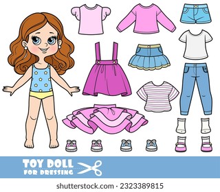 Cartoon brunette girl  and clothes separately -  tutu, skirt, long sleeve, shirt, shorts, sandals, jeans and sneakers doll for dressing