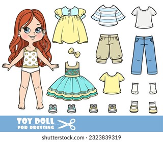 Cartoon brunette girl  and clothes separately - summer dresses, shirt, sandals, jeans and sneakers doll for dressing