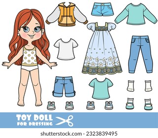 Cartoon brunette girl  and clothes separately - summer dress, long sleeve, shirt, shorts, sandals, jeans and sneakers doll for dressing