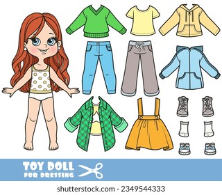 Cartoon brunette girl and clothes separately - long sleeve, shirts, skirt, sweater, jacket, boots, jeans and sneakers doll for dressing