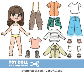 Chica y ropa de la morena de dibujos animados por separado - manga larga, camisas, chaqueta de jeans, pantalones con tirantes, jeans y zapatillas de deporte muñeca para vestir