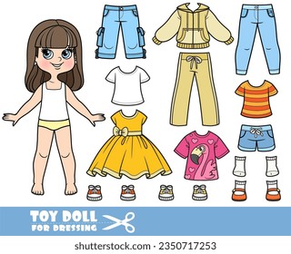 Chica de morena de dibujos animados y ropa por separado -   manga larga, camisas, vestido, sandalias, chaqueta, pantalones cortos, tracksuit, jeans y sneakers muñeca para vestir