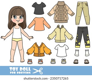 Chica de morena de dibujos animados y ropa por separado -   manga larga, camisas, chaquetas, vaqueros y zapatillas de deporte para vestir