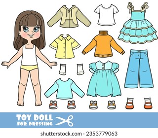 Cartoon brunette girl  and clothes separately -   dresses, long sleeves, shirts, jeans and sneakers doll for dressing