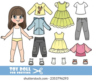 Cartoon brunette girl  and clothes separately - dress, blouse, long sleeve, shirts, jeans and sneakers doll for dressing