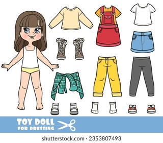 Cartoon brunette girl  and clothes separately - skirt, blouse, long sleeve, shirts, jeans and sneakers doll for dressing