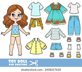 Cartoon brunette girl  and clothes separately -  dress,long sleeve, shirt, shorts, sandals, jeans and sneakers. Image produced without the use of any form of AI software at any stage.