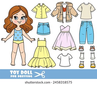 Cartoon brunette girl  and clothes separately -  dress,jacket, shirt, shorts, sandals, jeans and sneakers. Image produced without the use of any form of AI software at any stage.