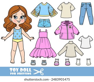 Cartoon brunette girl  and clothes separately -  jacket, long sleeve, shirt, shorts, sandals, jeans and sneakers. Image produced without the use of any form of AI software at any stage