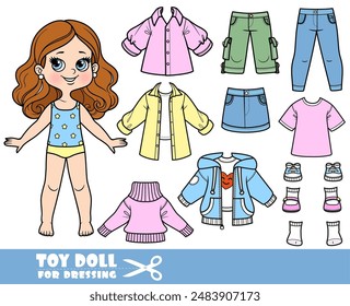 Cartoon brunette girl and clothes separately - jacket, long sleeve, shirt, shorts, skirt, sweater, sandals, jeans and sneakers. Image produced without the use of any form of AI software at an