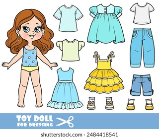 Cartoon brunette girl  and clothes separately -  dresses, sundress, shirt, shorts, sandals, jeans and sneakers. Image produced without the use of any form of AI software at any stage.