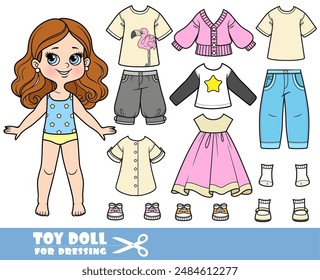 Cartoon brunette girl  and clothes separately -  dress, jacket, long sleeve, shirt, shorts, sandals, jeans and sneakers doll for dressing. Image produced without the use of any form of AI software at 