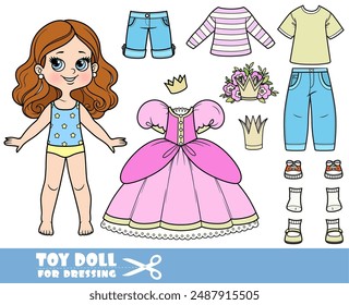 Cartoon brunette girl  and clothes separately -  princess dress and crowns and something for everyday life. Image produced without the use of any form of AI software at any stage.