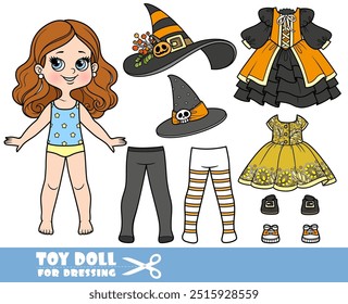 Cartoon brunette girl  and clothes separately -  Halloween witch costume with tights and hat. Image produced without the use of any form of AI software at any stage.