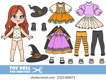 Cartoon brunette girl and clothes separately - Halloween witch costume constructor. Image produced without the use of any form of AI software at any stage.