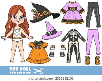 Cartoon brunette girl  and clothes separately - Halloween witch and skeleton costume constructor. Image produced without the use of any form of AI software at any stage.