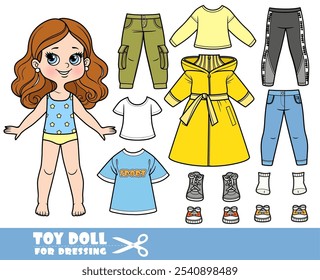 Cartoon Brünette Mädchen und Kleidung getrennt - Demi-Saison Mantel, Stiefel, Jeans, Leggings und Hemden und Turnschuhe. Bild, das ohne die Verwendung irgendeiner Form von KI-Software zu jedem Zeitpunkt erstellt wurde.