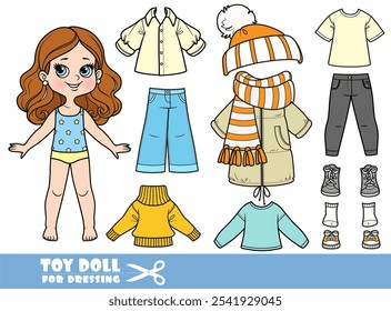 Menina morena de desenhos animados e roupas separadamente - casaco inverno para baixo, chapéu, cachecol, jeans, botas, blusa e suéter. Imagem produzida sem a utilização de qualquer forma de software de IA em qualquer fase.