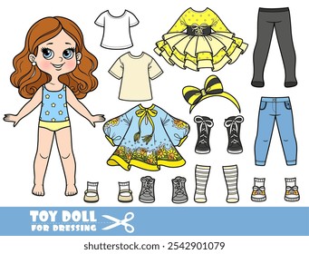 Menina morena de desenhos animados e roupas separadamente - vestidos elegantes, meias, botas, jeans e camisas. Imagem produzida sem a utilização de qualquer forma de software de IA em qualquer fase.