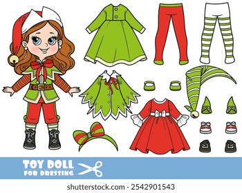 Cartoon brunette girl  and clothes separately - New Year elf fancy dress costume constructor with dresses, hats and tights. Image produced without the use of any form of AI software at any stage.