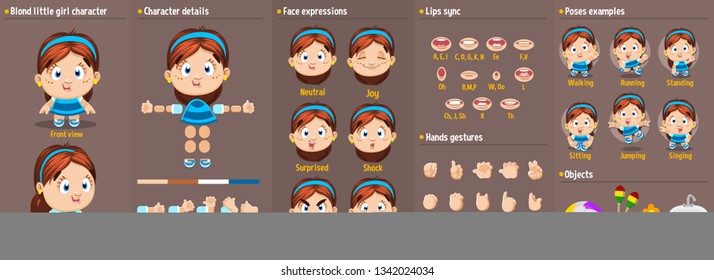 Cartoon brunette girl constructor for animation.Parts of body: legs, arms, face emotions, hands gestures, lips sync. Full length, front, three quarter view.Set of ready to use poses, objects