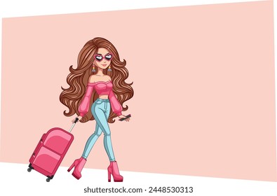 Cartoon brunette girl with luggage walking and holding a pink bag and travel suitcase, full body pictures, wearing jeans and pink crop top. Travel themed banner design.