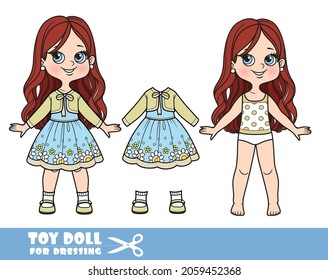 Cartoon brunette girl with lush curly hairstyle dressed and clothes separately - fancy dress with bolero and sandals doll for dressing