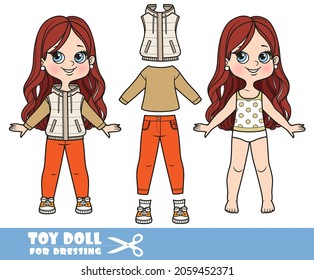 Cartoon brunette girl with lush curly hairstyle dressed and clothes separately -  insulated vest, long-sleeved T-shirt, jeans and sneakers