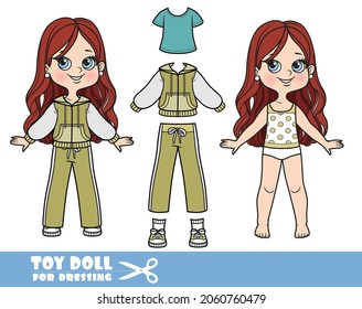 Cartoon brunette girl with lush curly hairstyle dressed and clothes separately - sports jacket with a zipper, t-shirt, jersey pants and sneakers