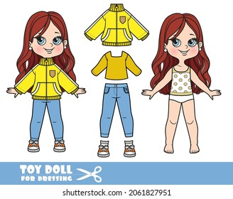 Cartoon brunette girl with lush curly hairstyle dressed and clothes separately - sports jacket, long sleeve t-shirt, jeans and sneakers doll for dressing