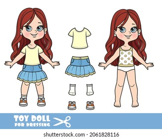 Cartoon brunette girl with lush curly hairstyle dressed and clothes separately - t-shirt, denim skirt and sneakers doll for dressing