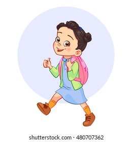 Cartoon brunette girl with a pink school satchel show thumbs up gesture. Vector happy schoolgirl.