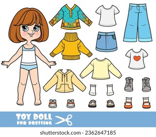 Cartoon brunette girl  with short bob and clothes separately  -  long sleeve, shirts, sweater, jacket, boots, jeans and sneakers