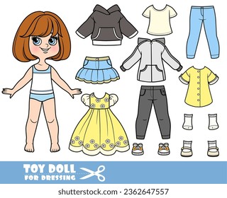 
Chica de la morena de dibujos animados con fogones cortos y ropa por separado - manga larga, camisas, falda, chaqueta, jeans y zapatillas