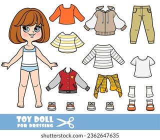 Cartoon brunette girl  with short bob and clothes separately  in autumn colors -  long sleeve, shirts, sandals, jacket,  jeans and sneakers 