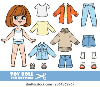 Cartoon brunette girl  with short bob and clothes separately  in autumn colors -  long sleeve, shirts, sandals, shorts, skirt, jacket,  jeans and sneakers 