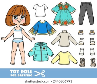 Cartoon Brünette Mädchen mit kurzem Bob und Kleidung getrennt - langen Ärmel, Kleid, isolierte Jacke, Jeans und Stiefel. Bild erstellt ohne Verwendung irgendeiner Form von KI-Software in irgendeiner Phase