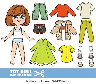 Cartoon brunette girl  with short bob and clothes separately  -  long sleeve, shorts, breeches with pockets, casual dress, jeans and boots. Image produced without the use of any form of AI software at