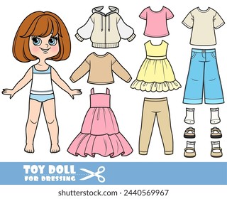 Cartoon brunette girl  with short bob and clothes separately  -  long sleeve, sundress, dress, jeans and boots. Image produced without the use of any form of AI software at any stage