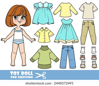 Cartoon brunette girl  with short bob and clothes separately  -  long sleeve, warm sweater, casual dresses, sandals. Image produced without the use of any form of AI software at any stage