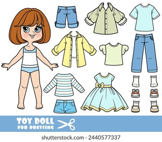 Cartoon brunette girl  with short bob and clothes separately  -  long sleeve, shirt, shorts, casual dresses, sandals. Image produced without the use of any form of AI software at any stage