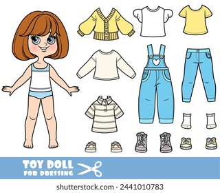 Cartoon brunette girl with short bob and clothes separately  -  long sleeve,  shirts, denim overalls, cardigan, jeans and boots. Image produced without the use of any form of AI software at any stage