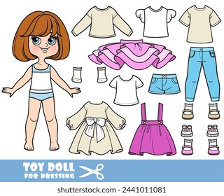 Cartoon Brünette Mädchen mit kurzen Bob und Kleidung separat - lange Ärmel, Shorts, Shirts, Tu-Tu, Rock, Freizeitkleid, Jeans und Stiefel. Bild erstellt ohne Verwendung irgendeiner Form von KI-Software auf einem