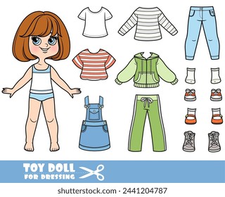 Cartoon brunette girl with short bob and clothes separately  -  striped T-shirt, tracksuit, denim sundress, jeans and boots. Image produced without the use of any form of AI software at any stage