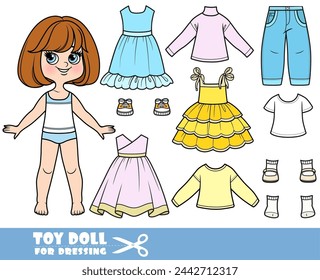 Cartoon brunette girl  with short bob and clothes separately . Image produced without the use of any form of AI software at any stage.
 