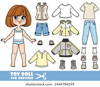 Cartoon brunette girl  with short bob and clothes separately  -  long sleeve, shorts, jacket, jeans and boots. Image produced without the use of any form of AI software at any stage.