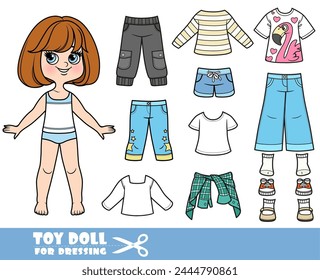 Cartoon brunette girl  with short bob and clothes separately  -  long sleeve, shorts, breeches, jeans and boots. Image produced without the use of any form of AI software at any stage.