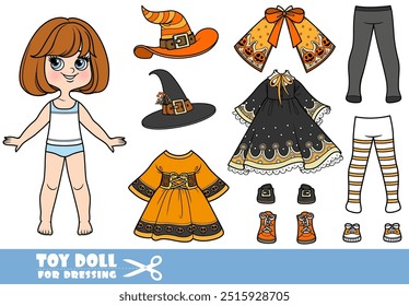 Chica morena de dibujos animados con bob corto y ropa por separado -   Constructor de disfraces de bruja de Halloween con medias y sombreros y capa. Imagen producida sin el uso de ninguna forma de software de IA en ningún